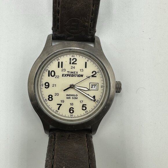Timex Expedition Watch Men Silver Tone Indiglo Dial Leather Band T49870 Working - Picture 2 of 12